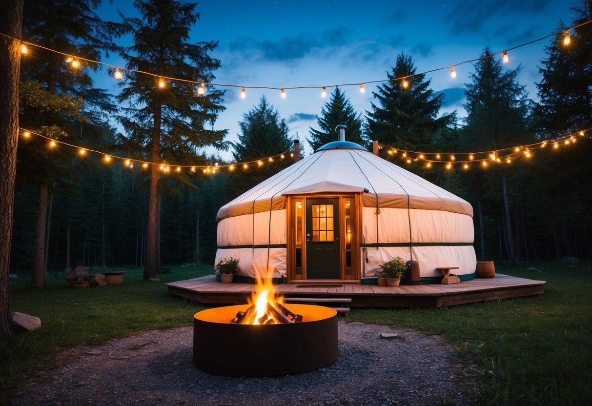 A cozy yurt nestled in a tranquil forest, with a crackling firepit and twinkling string lights illuminating the night sky