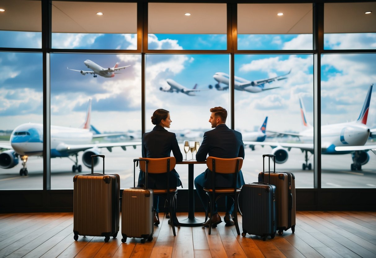 A couple sits at a café table, surrounded by suitcases, with a view of airplanes taking off and landing outside the window