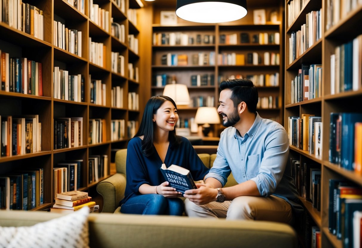 A cozy bookstore with shelves of books, comfy seating, and warm lighting. A couple browses together, pointing out interesting titles and sharing laughter