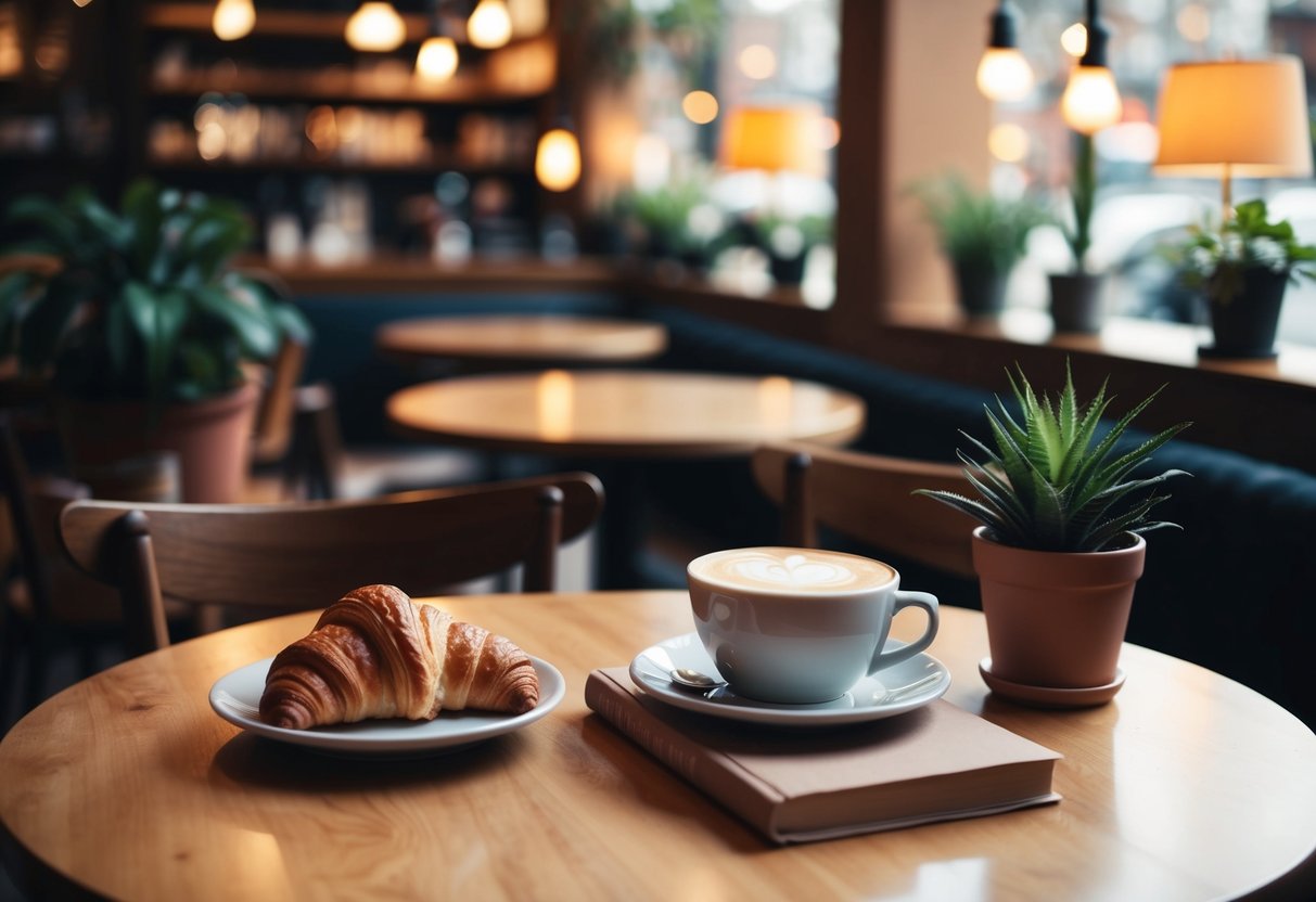 A cozy coffee shop table set with a latte, croissant, and a book, surrounded by warm lighting and potted plants