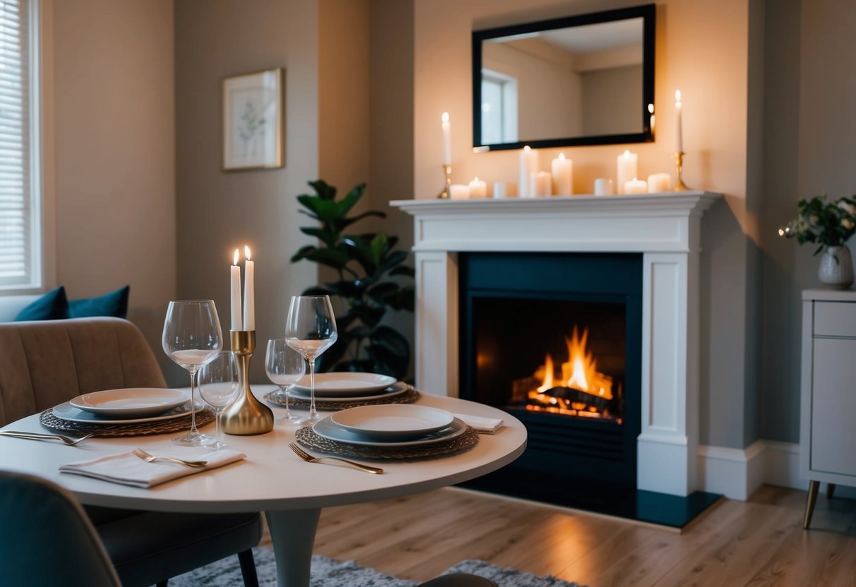A cozy Airbnb living room with soft lighting, a crackling fireplace, and a table set for two with wine glasses and candles