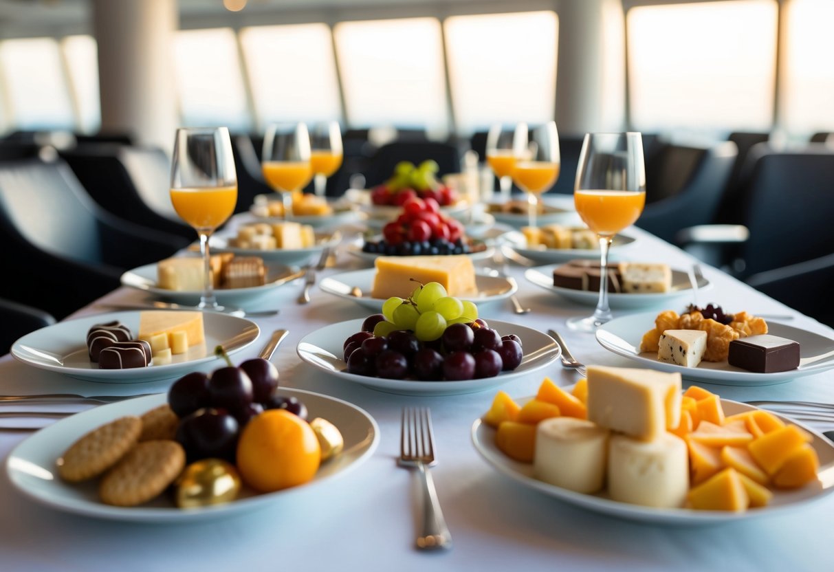 A table set with an array of gourmet snacks, including cheeses, fruits, and chocolates, arranged for a tasting at an airport lounge