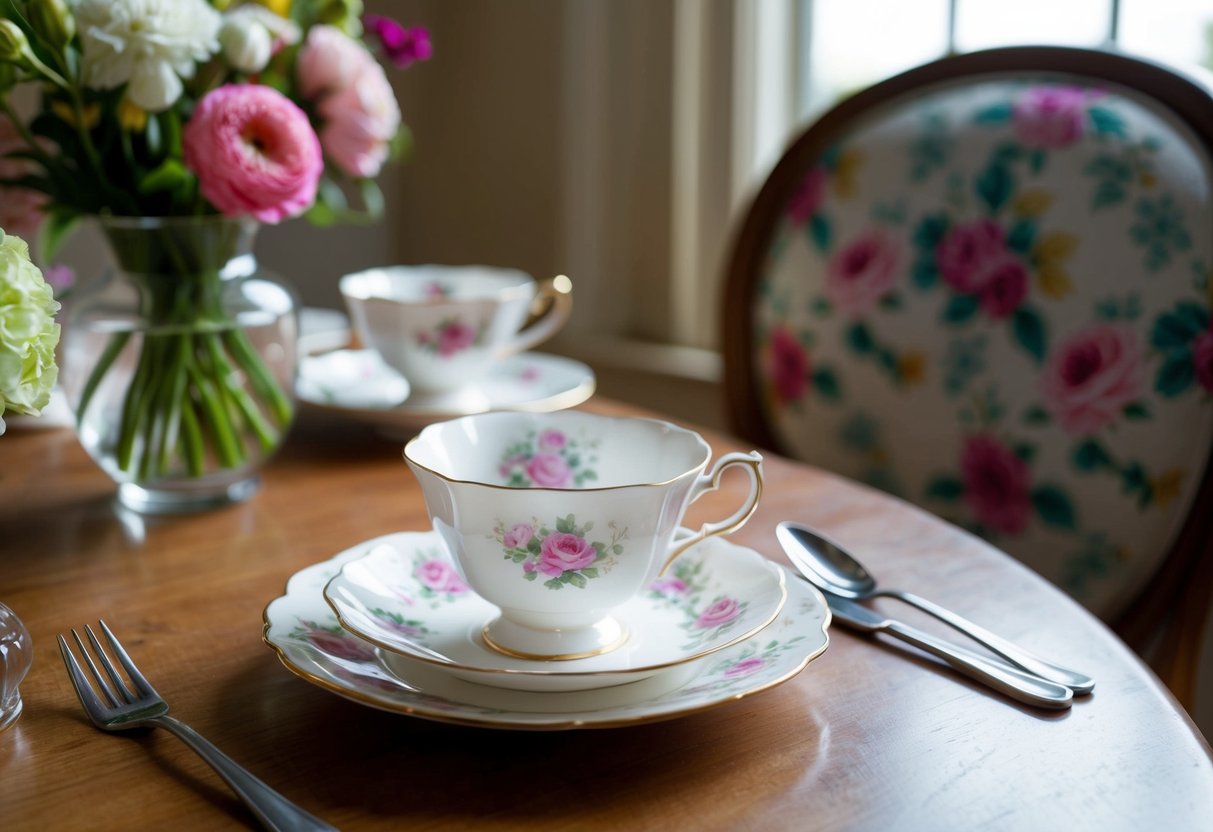 A table set with a delicate floral teacup and saucer, surrounded by a vase of fresh flowers and a vintage-inspired floral midi dress draped over a chair