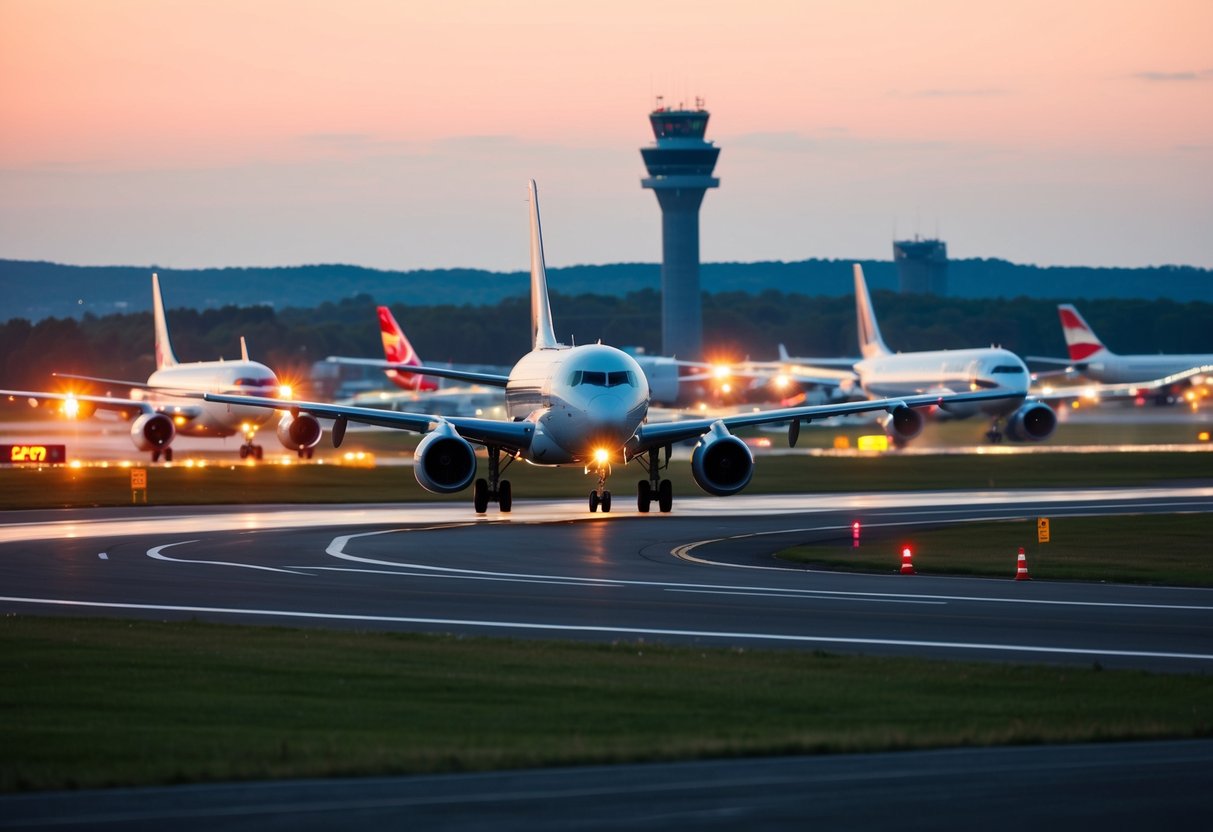 Planes landing at busy airport with runway lights and control tower in the background