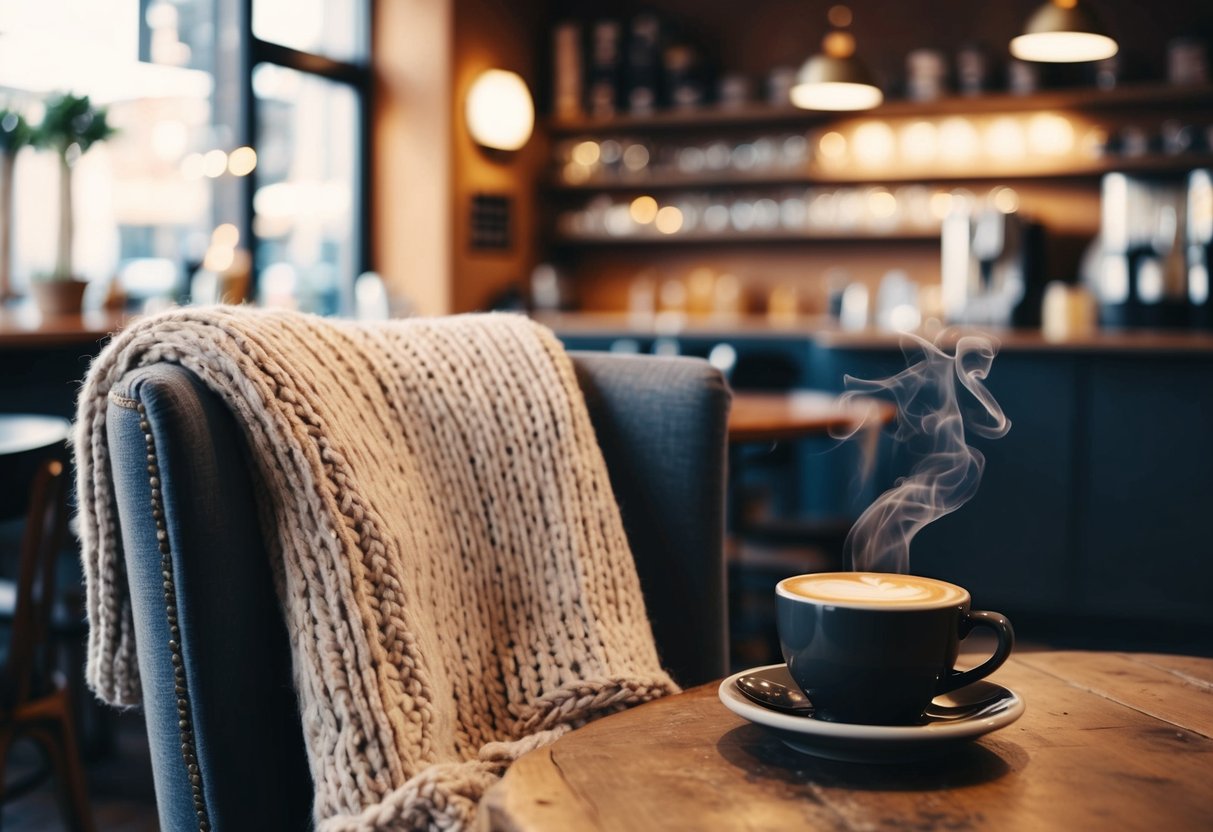 A cozy coffee shop with a warm, inviting atmosphere. A chunky knit sweater draped over a chair, next to a steaming cup of coffee on a rustic table