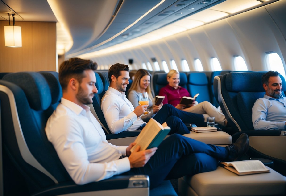 Passengers lounging in comfortable chairs, sipping drinks, and reading books. Soft lighting and modern decor create a relaxed atmosphere