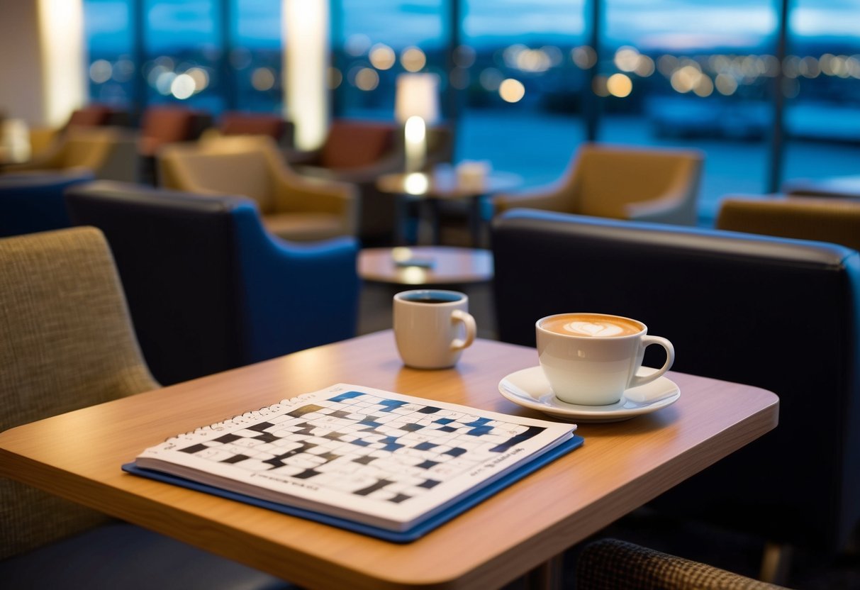 A cozy airport lounge with a table set for two, a crossword puzzle book, and a cup of coffee