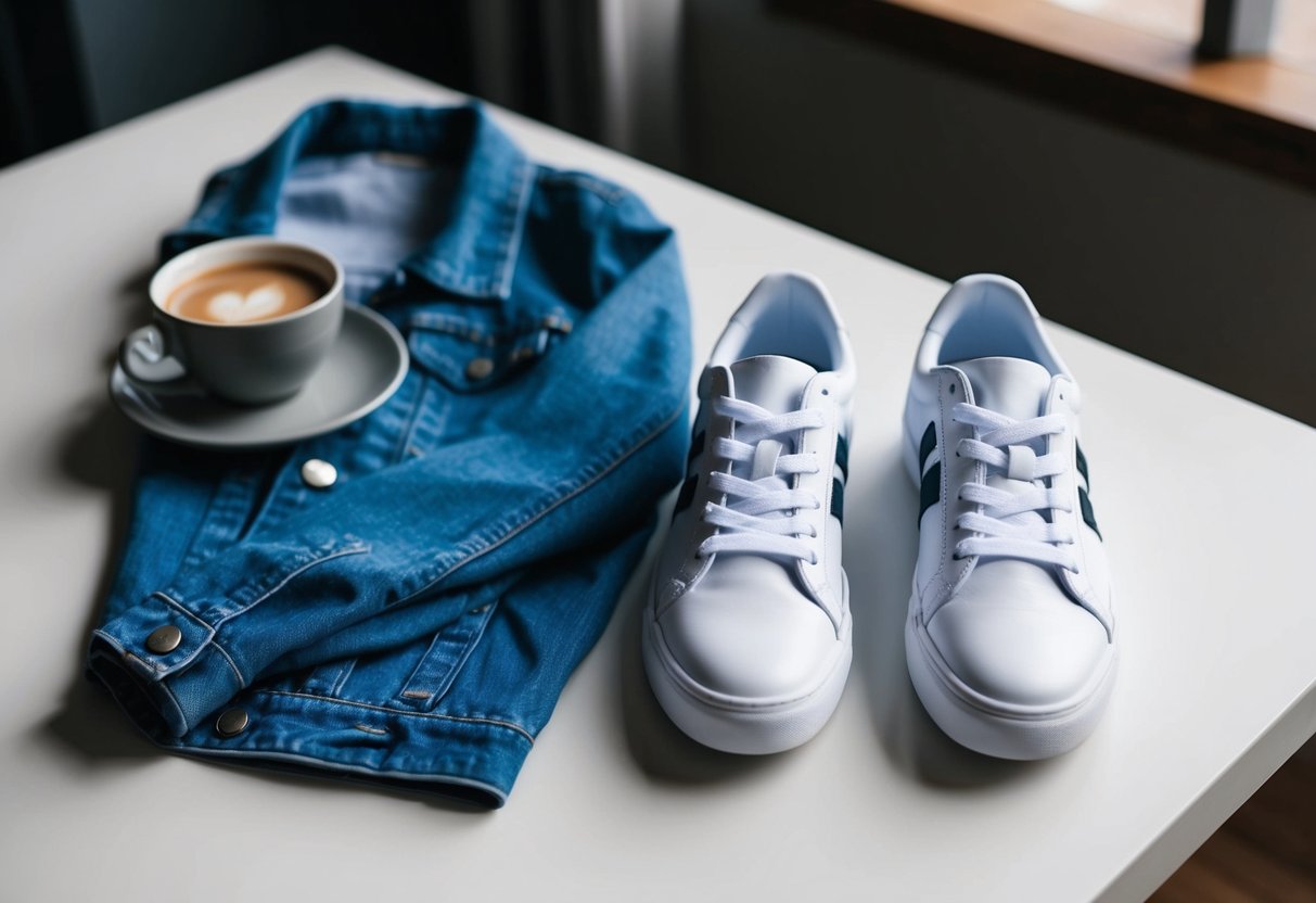 A pair of white sneakers next to a coffee cup and a stylish outfit laid out on a table, including a denim jacket and a flowy dress