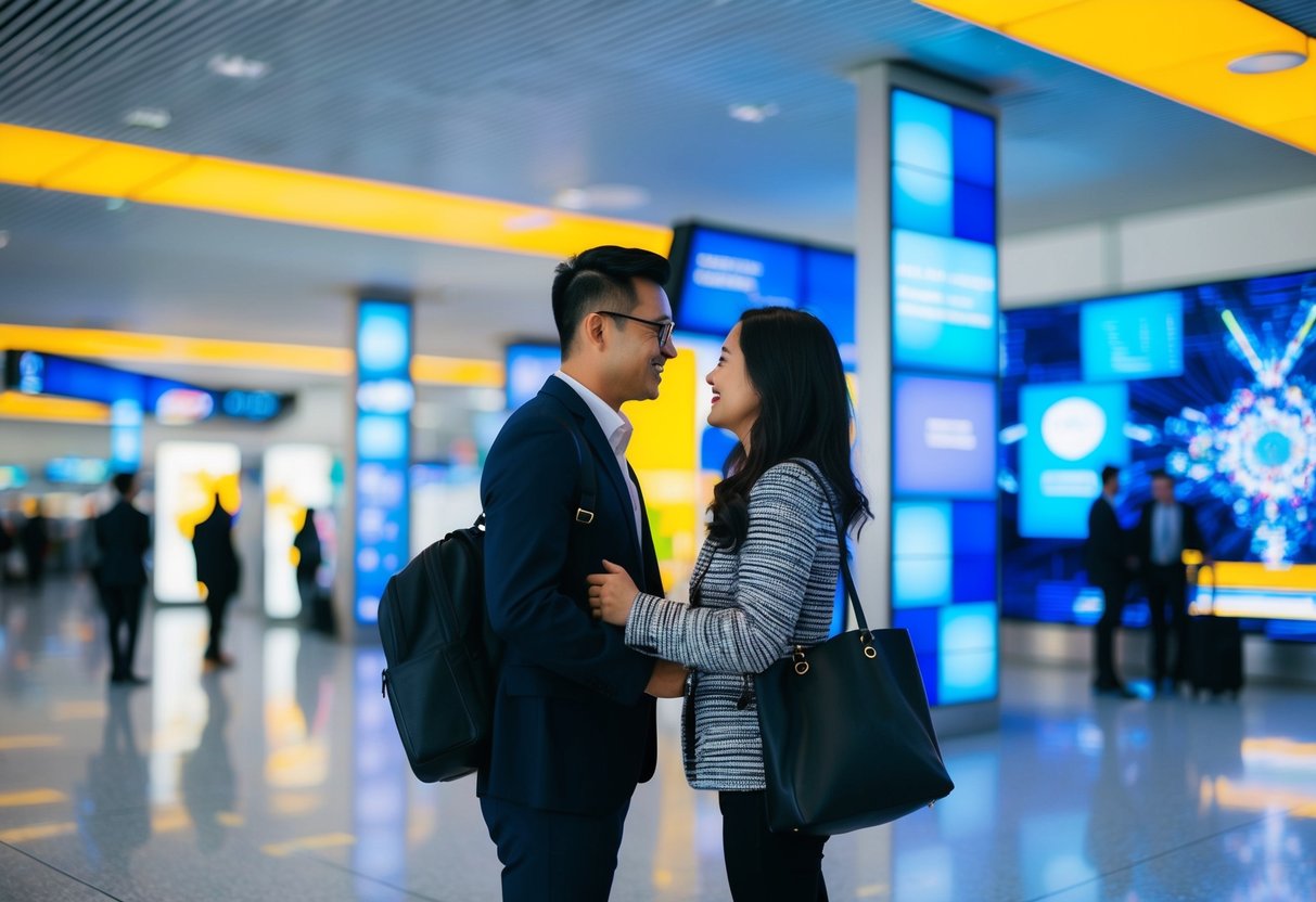 A couple interacts with digital art installations at an airport, surrounded by colorful and dynamic visual displays