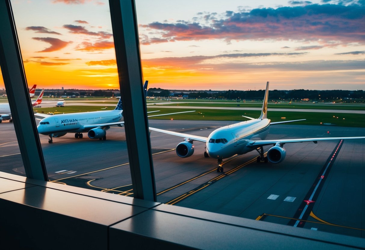 An observation deck at an airport, with planes on the runway and a colorful sunset in the background
