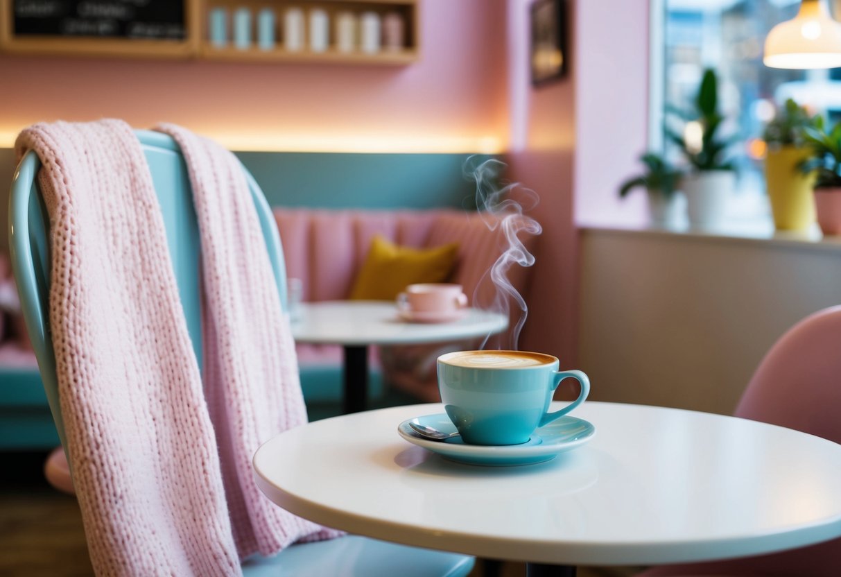 A cozy coffee shop with pastel decor, a table set with a pastel cardigan draped over the back of a chair, and a steaming cup of coffee