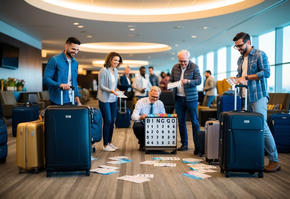 A group of travelers play bingo in an airport lounge, with boarding passes and suitcases scattered around them
