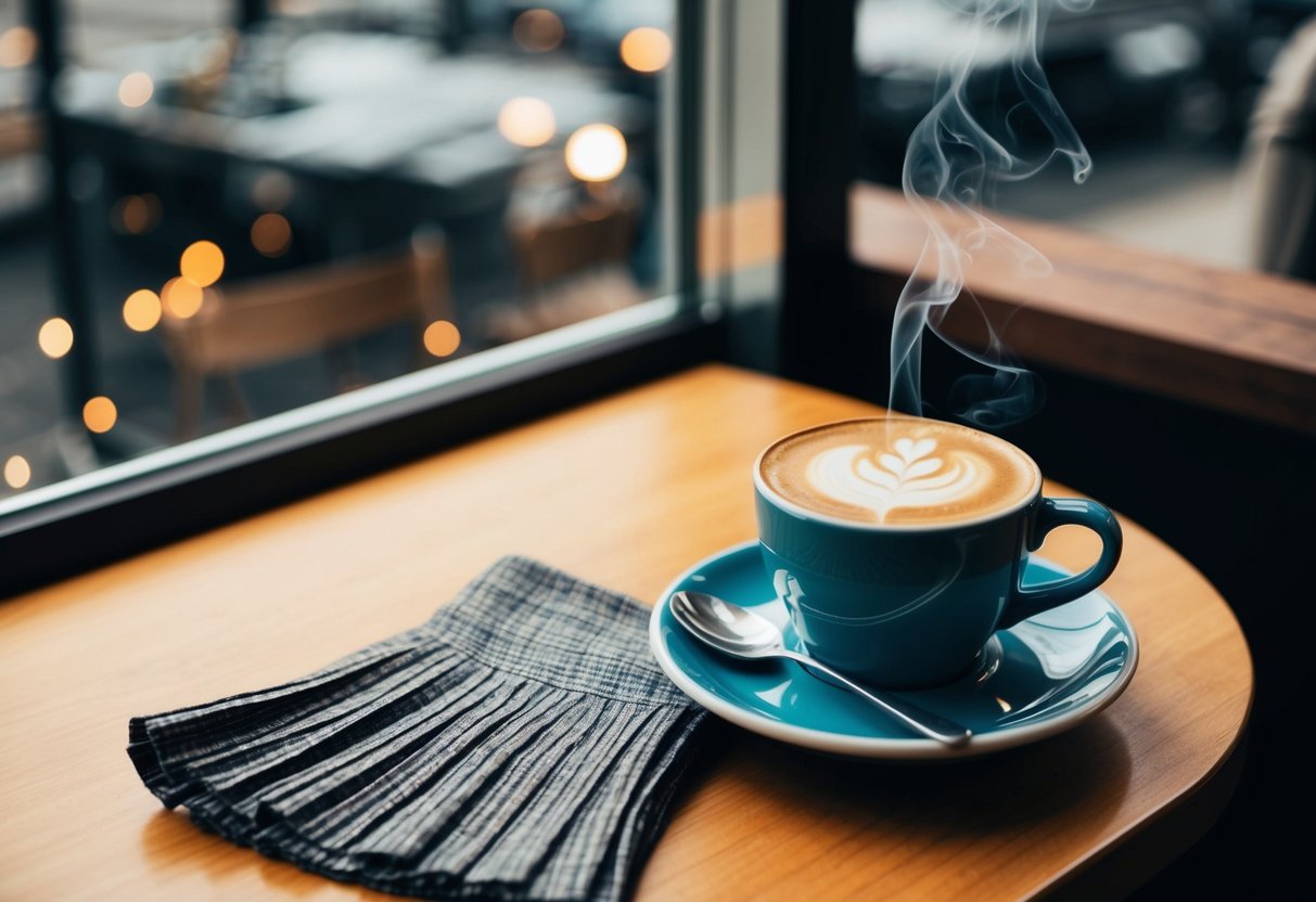 A cozy coffee shop with a window seat, a steaming cup of coffee, and a pleated skirt laid out on the chair