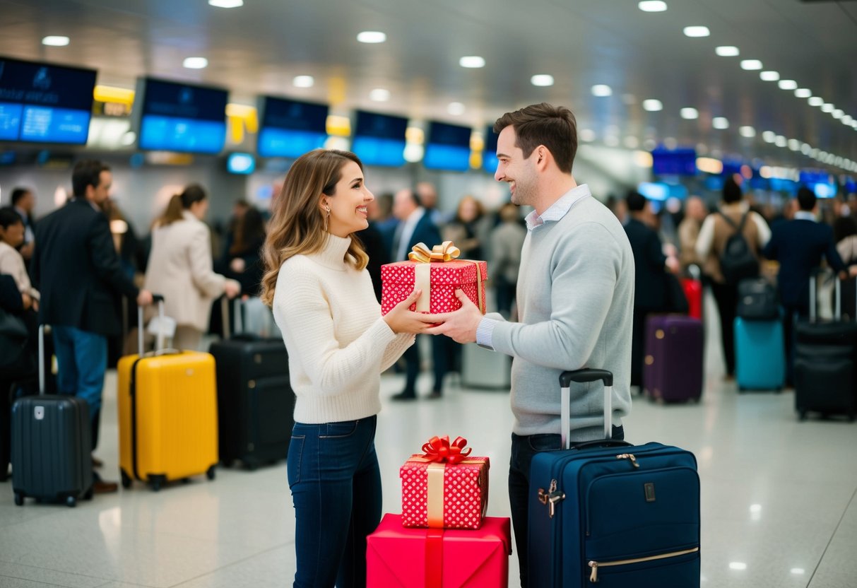 A couple exchanging creatively wrapped gifts at an airport, surrounded by bustling travelers and luggage