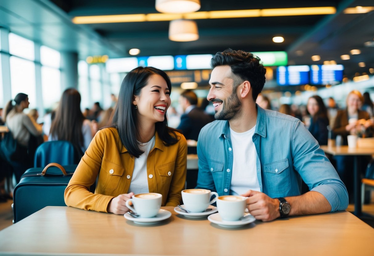 A couple sits at a small café in the airport, surrounded by the hustle and bustle of travelers. They laugh and chat over coffee, enjoying each other's company