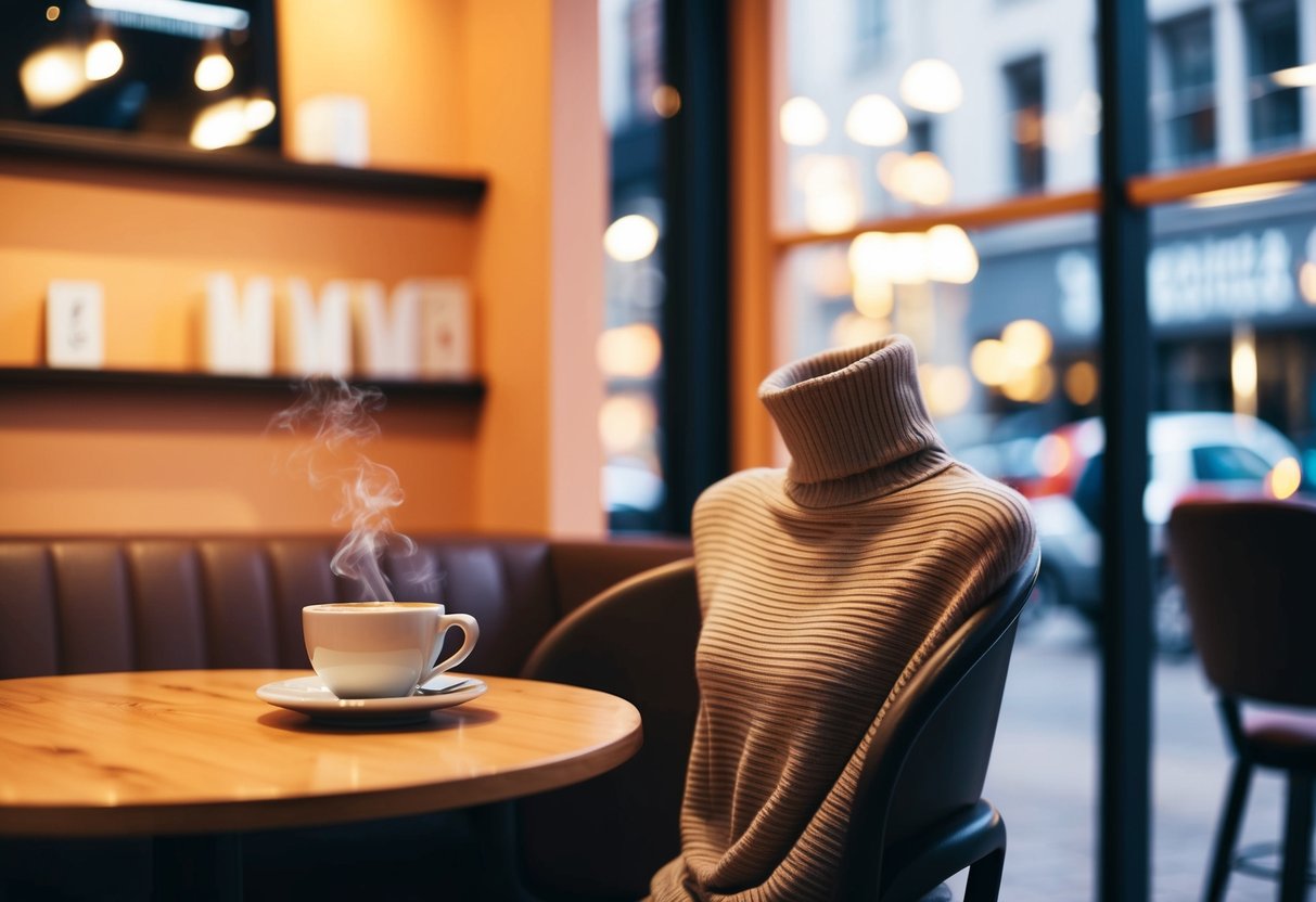 A cozy coffee shop with a warm color palette, a table set with a steaming cup of coffee, and a turtleneck top draped over the chair
