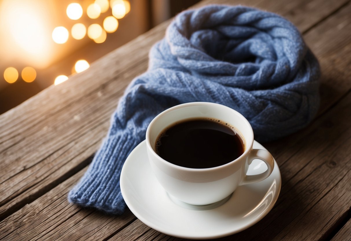 A cozy cable knit scarf draped over a steaming cup of coffee on a rustic wooden table