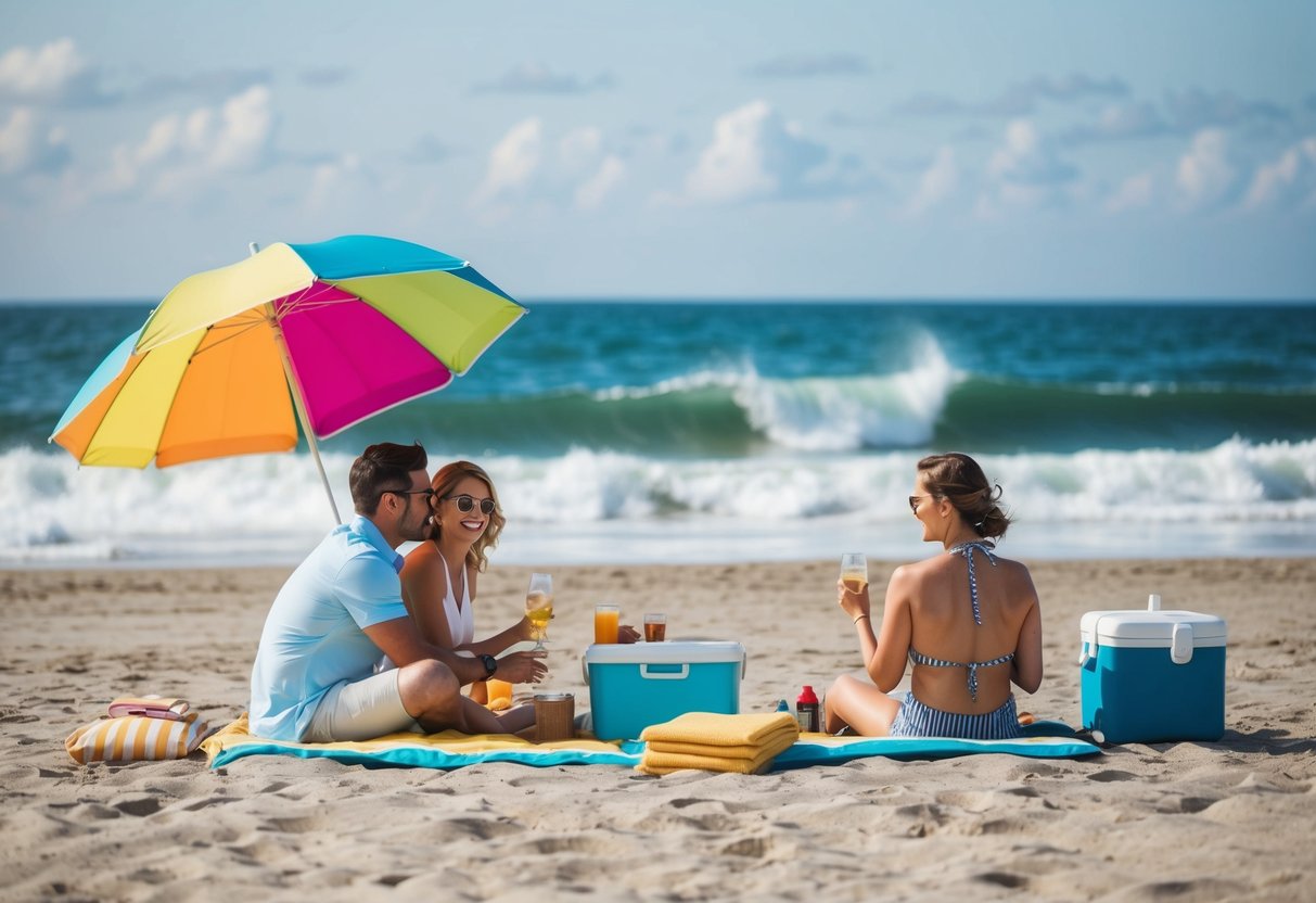 A couple picnicking on the sandy shore, with colorful umbrellas, beach towels, and a cooler nearby. Waves crashing in the background