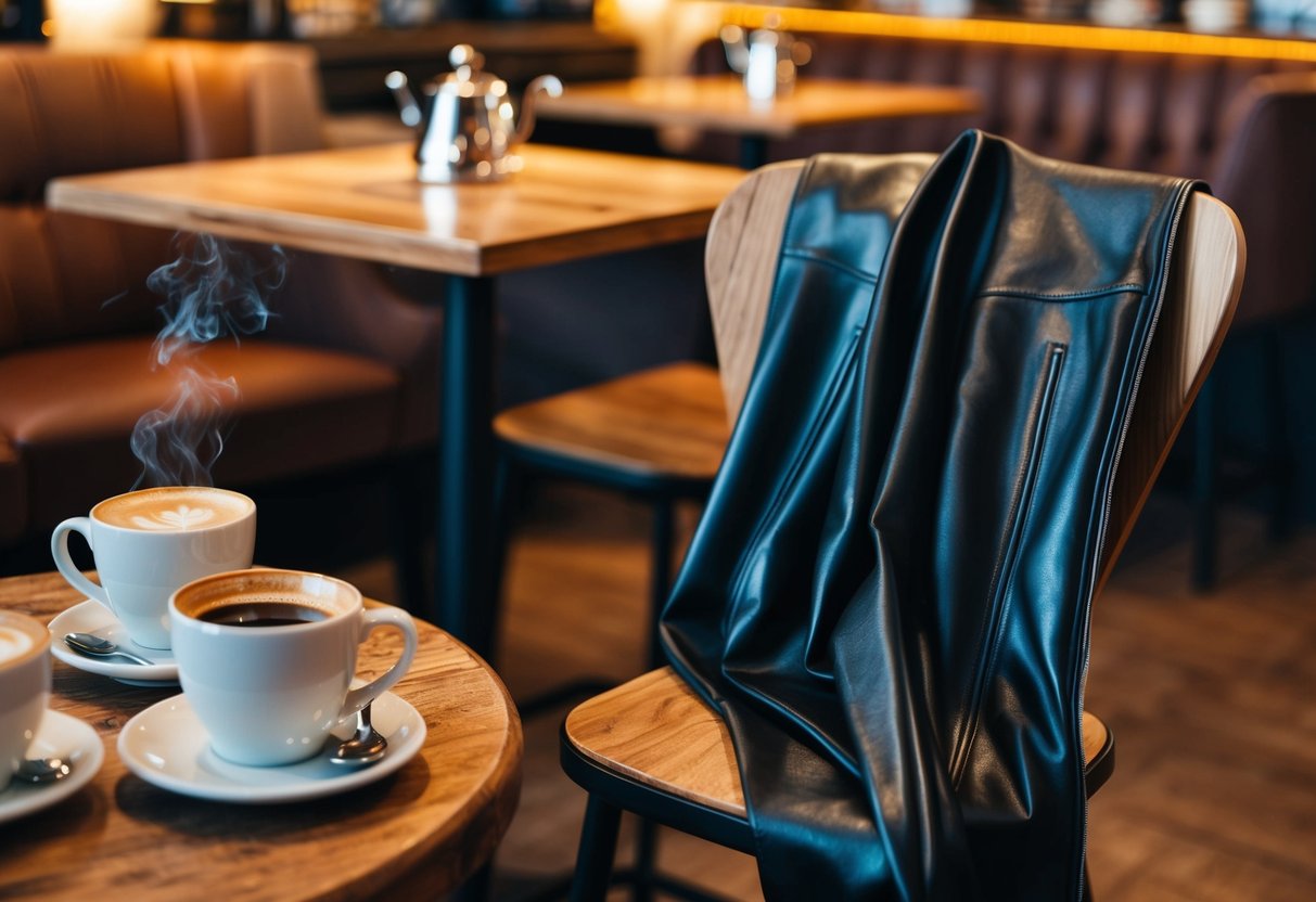 A cozy coffee shop with warm lighting, a rustic wooden table, and two steaming mugs. A pair of sleek faux leather pants draped over a chair, surrounded by stylish accessories