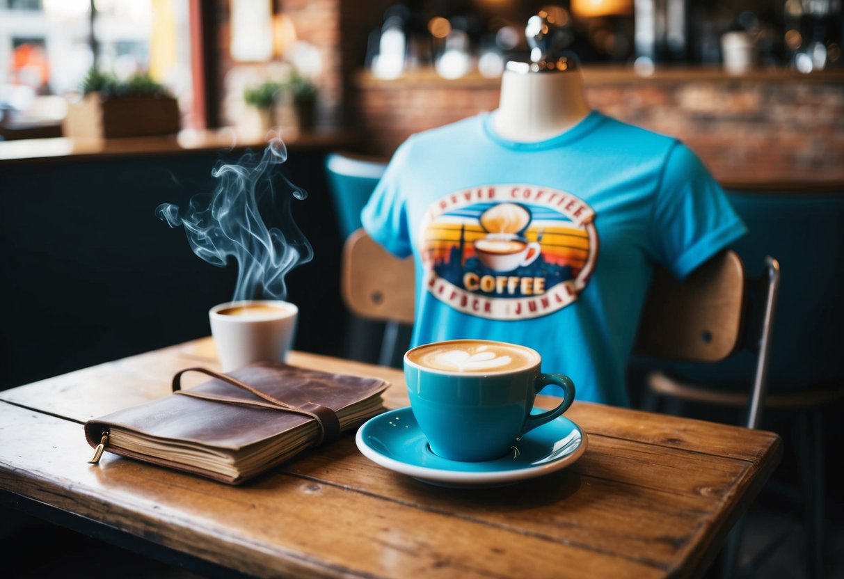 A cozy coffee shop with a retro vibe, featuring a table set with a vintage graphic tee, a steaming cup of coffee, and a worn leather journal