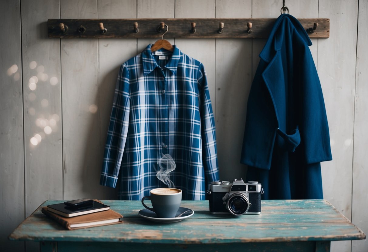 A plaid shirt dress hangs on a rustic coat rack next to a steaming cup of coffee and a vintage camera on a weathered wooden table