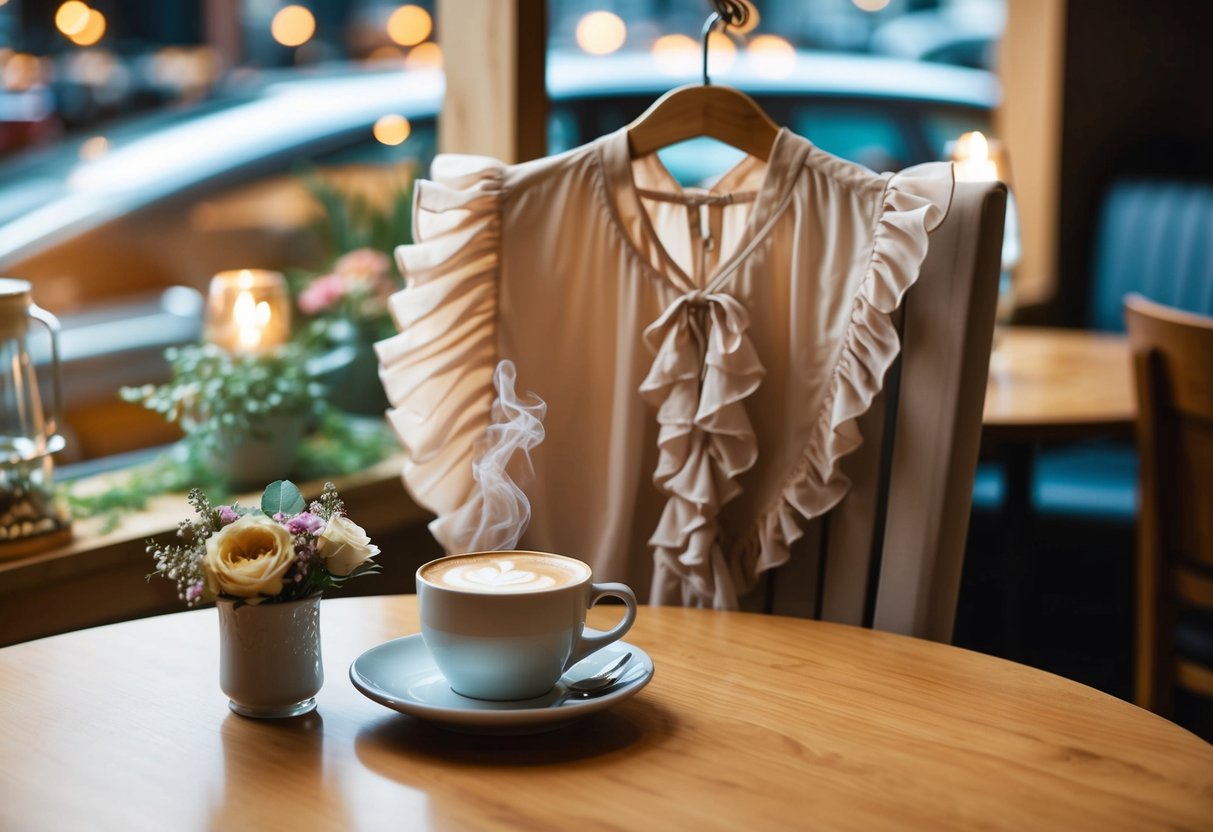 A cozy coffee shop table with a delicate ruffle detail blouse draped over the back of a chair, accompanied by a steaming cup of coffee and a small bouquet of flowers