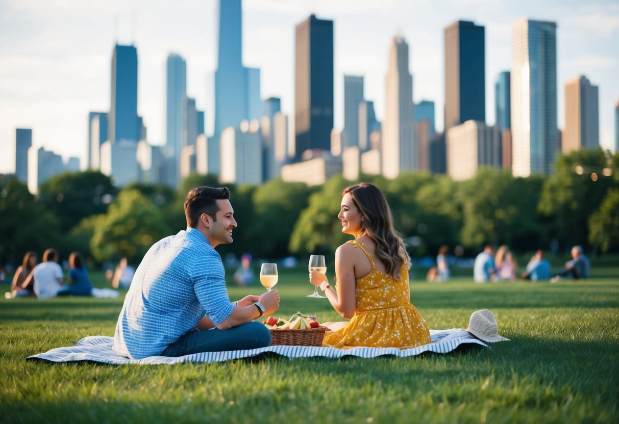 A couple enjoying a picnic in Millennium Park with the Chicago skyline in the background
