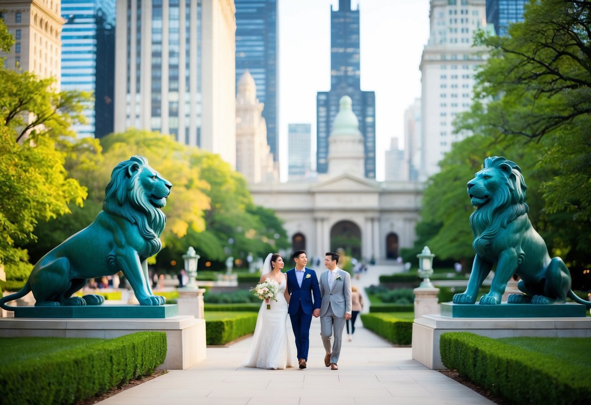 The Art Institute of Chicago's iconic lion statues stand guard as couples stroll through the picturesque gardens and admire the world-renowned art collection