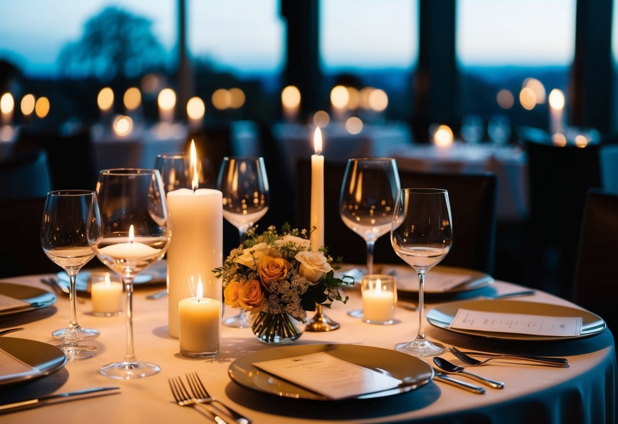 A candlelit table set with wine glasses, a bouquet of flowers, and a menu under dimmed lighting