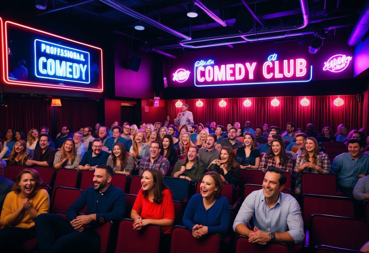 A bustling comedy club with neon lights, a stage, and rows of seats filled with laughing audience members