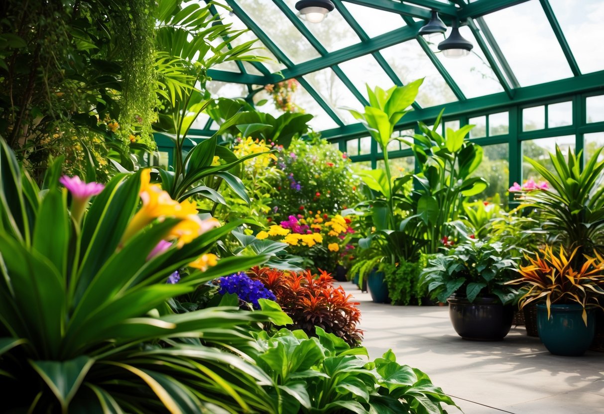 Lush greenery fills the sunlit conservatory, with colorful flowers and exotic plants. A peaceful atmosphere invites relaxation