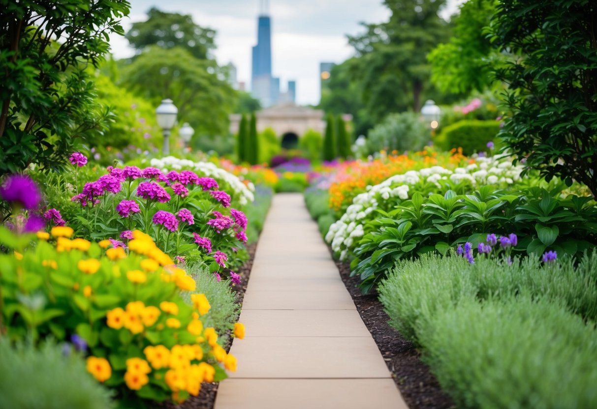 Lush garden path winds through colorful blooms and manicured greenery at Chicago Botanic Garden