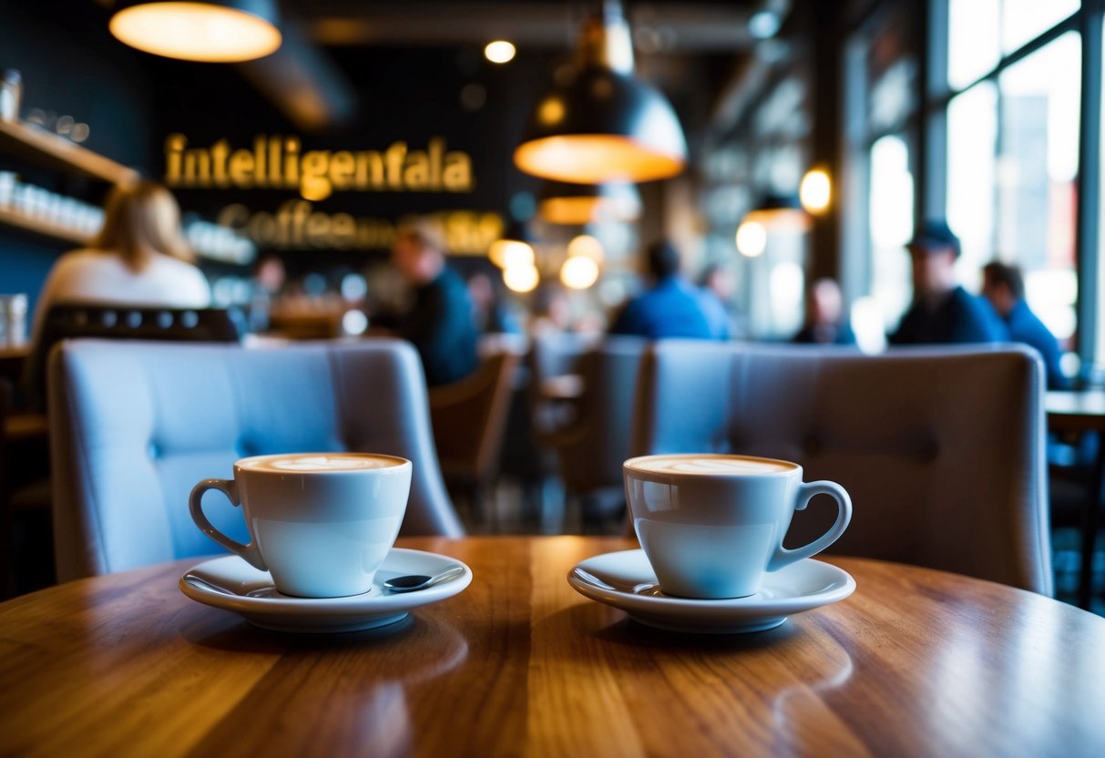 Two cups of coffee on a wooden table, surrounded by cozy chairs and a bustling café atmosphere at Intelligentsia Coffee in Chicago