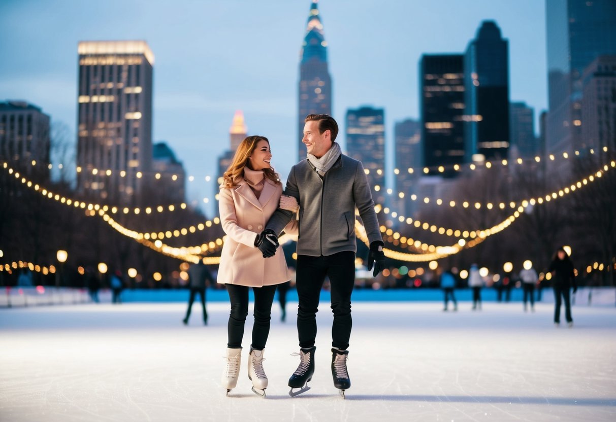 A couple ice skating at Millennium Park under twinkling city lights