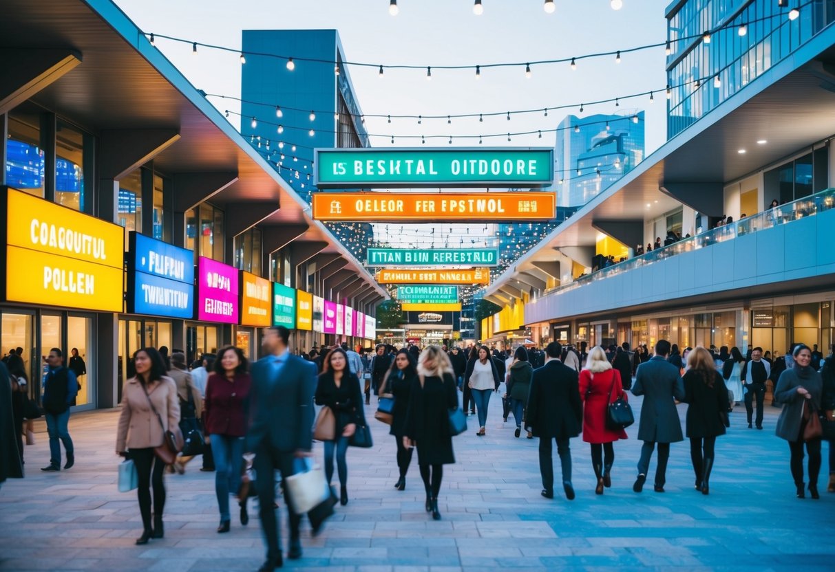 A bustling outdoor plaza with colorful signage and twinkling lights, surrounded by modern architecture and bustling with people