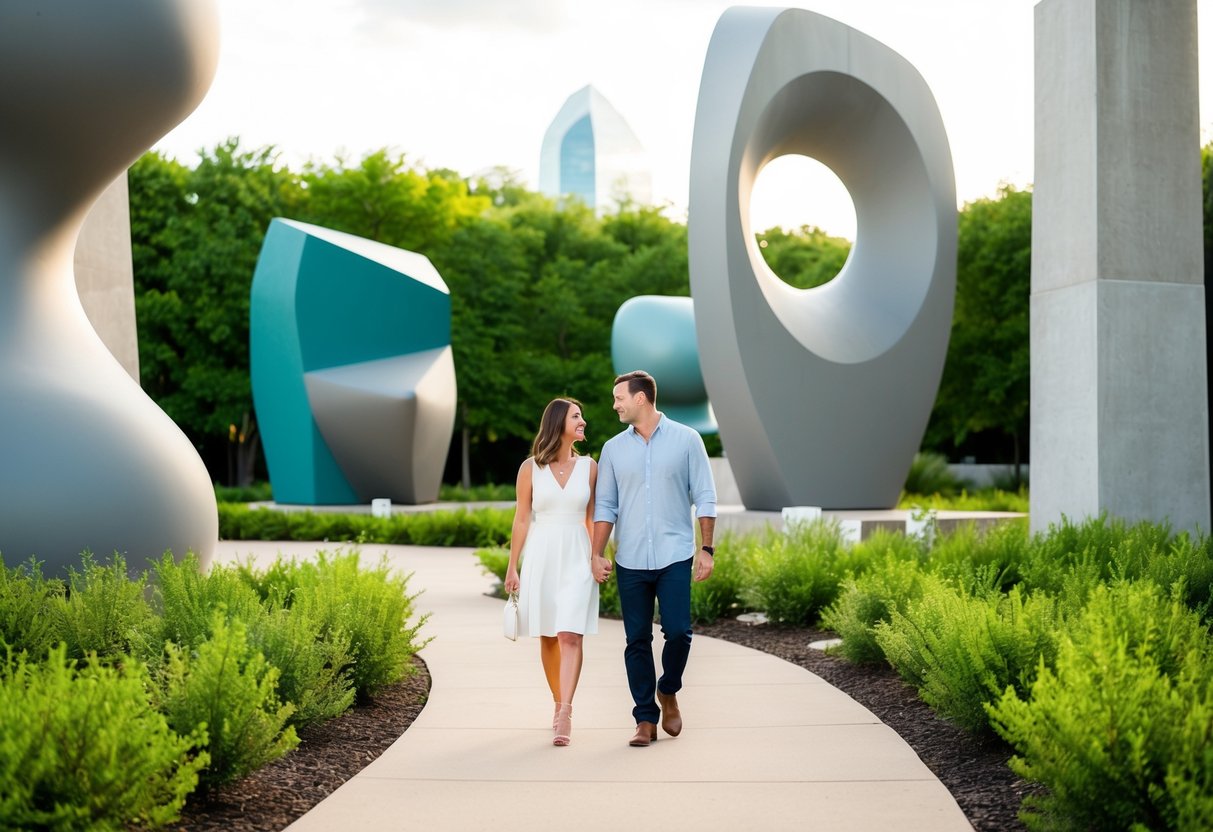 A couple strolls through the outdoor sculpture garden, surrounded by large, abstract sculptures and lush greenery at the Nasher Sculpture Center in Dallas