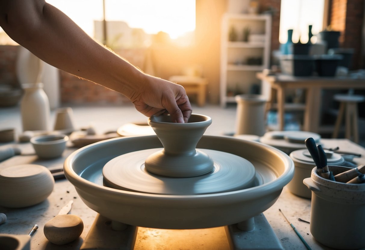 A pottery wheel spinning in a sunlit Los Angeles Airbnb, surrounded by sculpting tools and clay