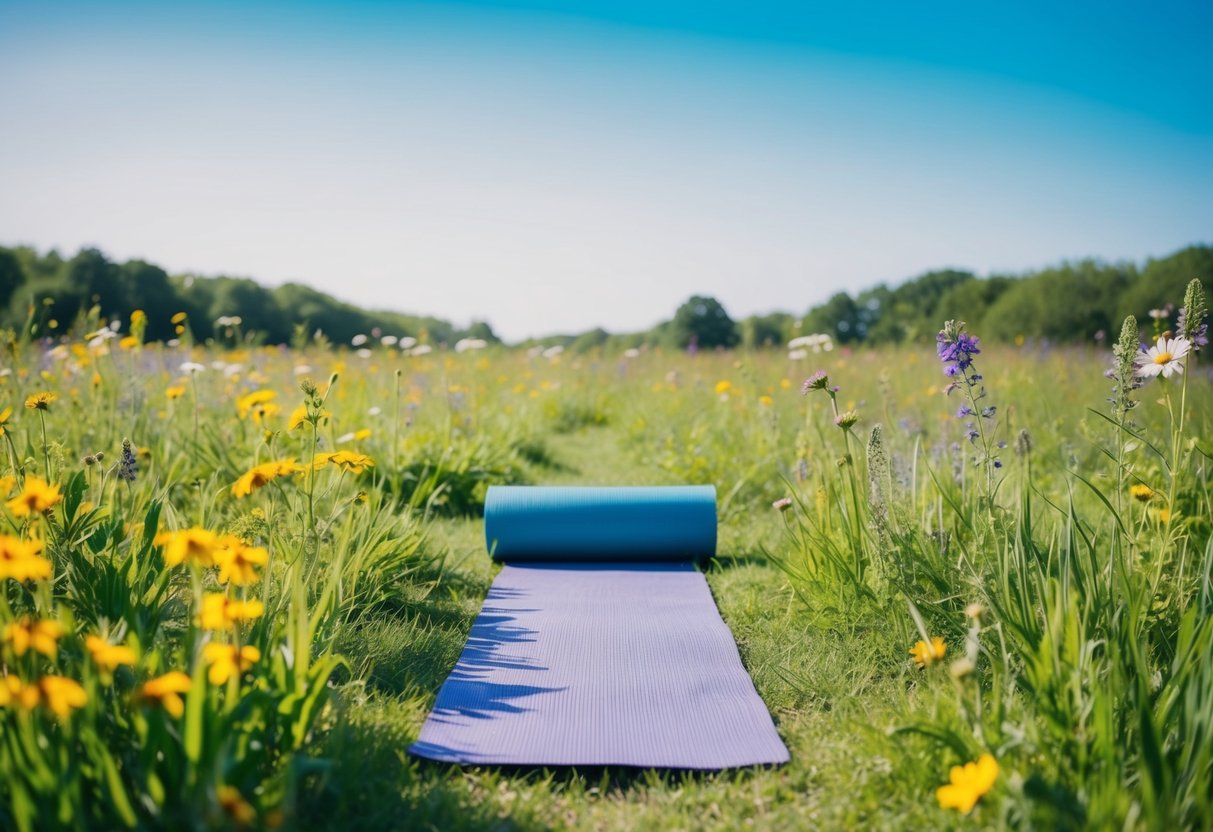 A serene meadow with a clear blue sky, lush green grass, and blooming wildflowers, with a yoga mat laid out in the center for a peaceful session