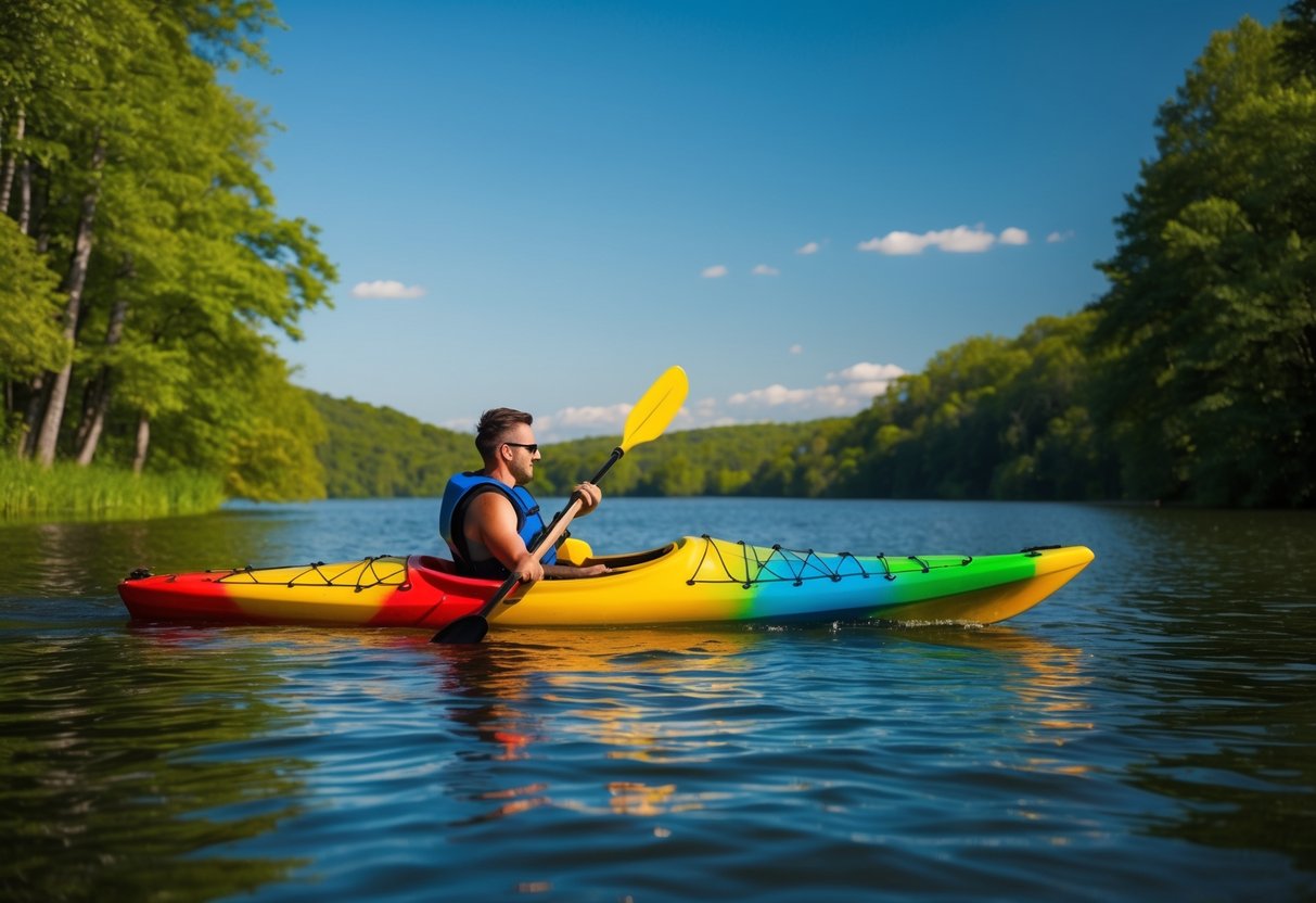 A colorful kayak glides across a serene lake, surrounded by lush green trees and a clear blue sky