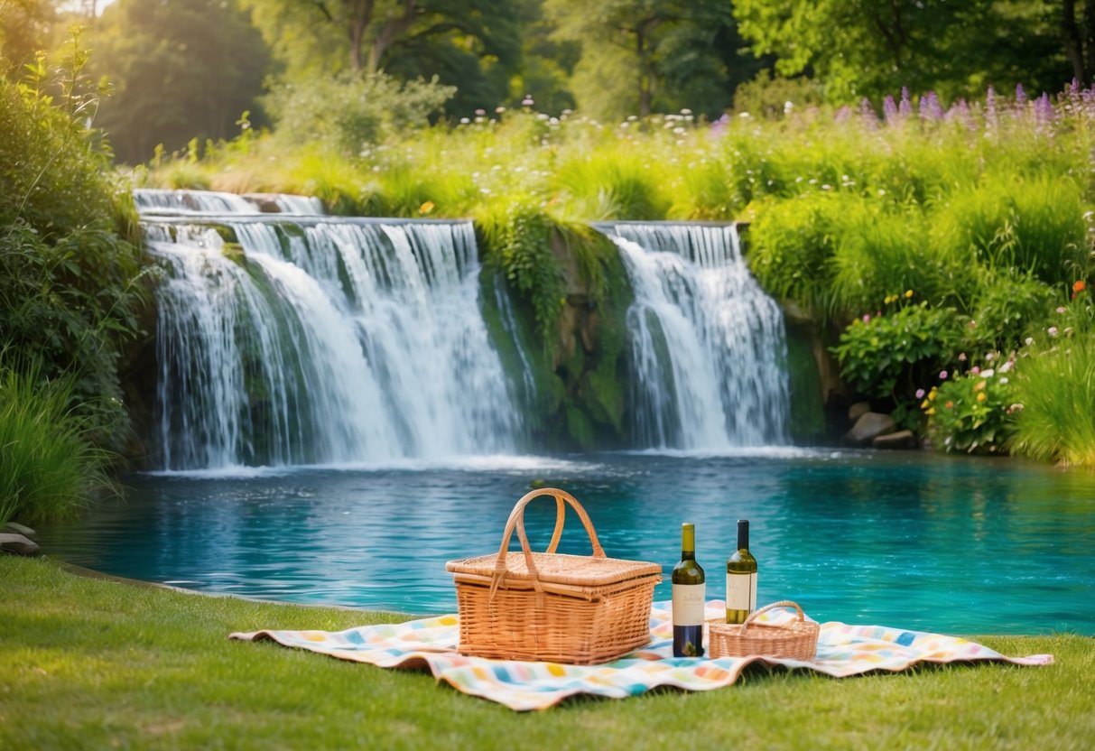 A serene waterfall cascades into a crystal-clear pool, surrounded by lush greenery and colorful wildflowers. A picnic blanket is spread out on the grass, with a wicker basket and a bottle of wine