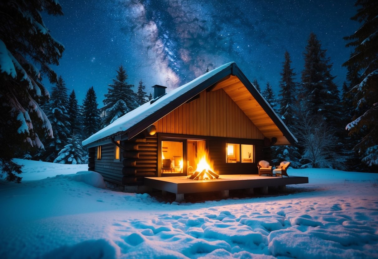 A cozy cabin with a crackling fireplace, surrounded by snowy trees and a starry sky