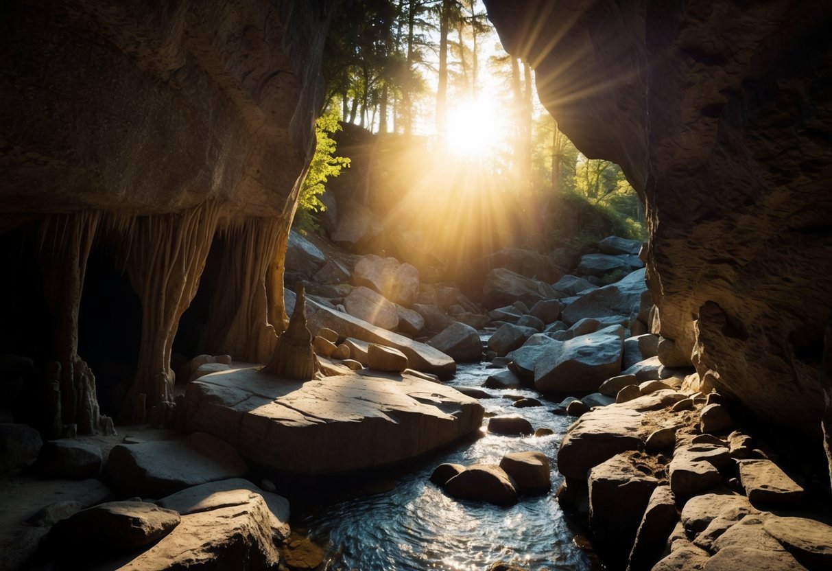 Sunlight filters through the rocky entrance of a cave, illuminating stalactites and stalagmites. A small stream trickles through the darkness, creating a serene and mysterious atmosphere