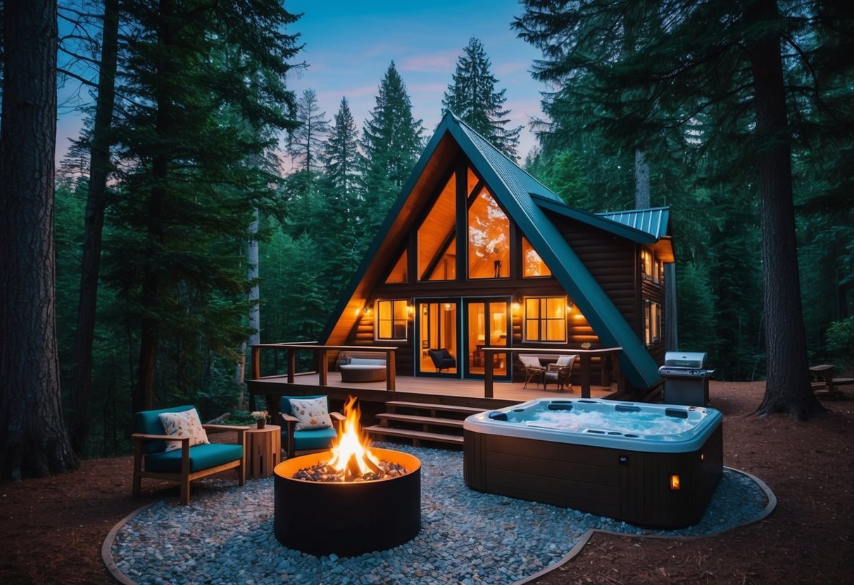 A cozy Airbnb cabin nestled in a lush forest, with a crackling fire pit and a bubbling hot tub surrounded by towering trees
