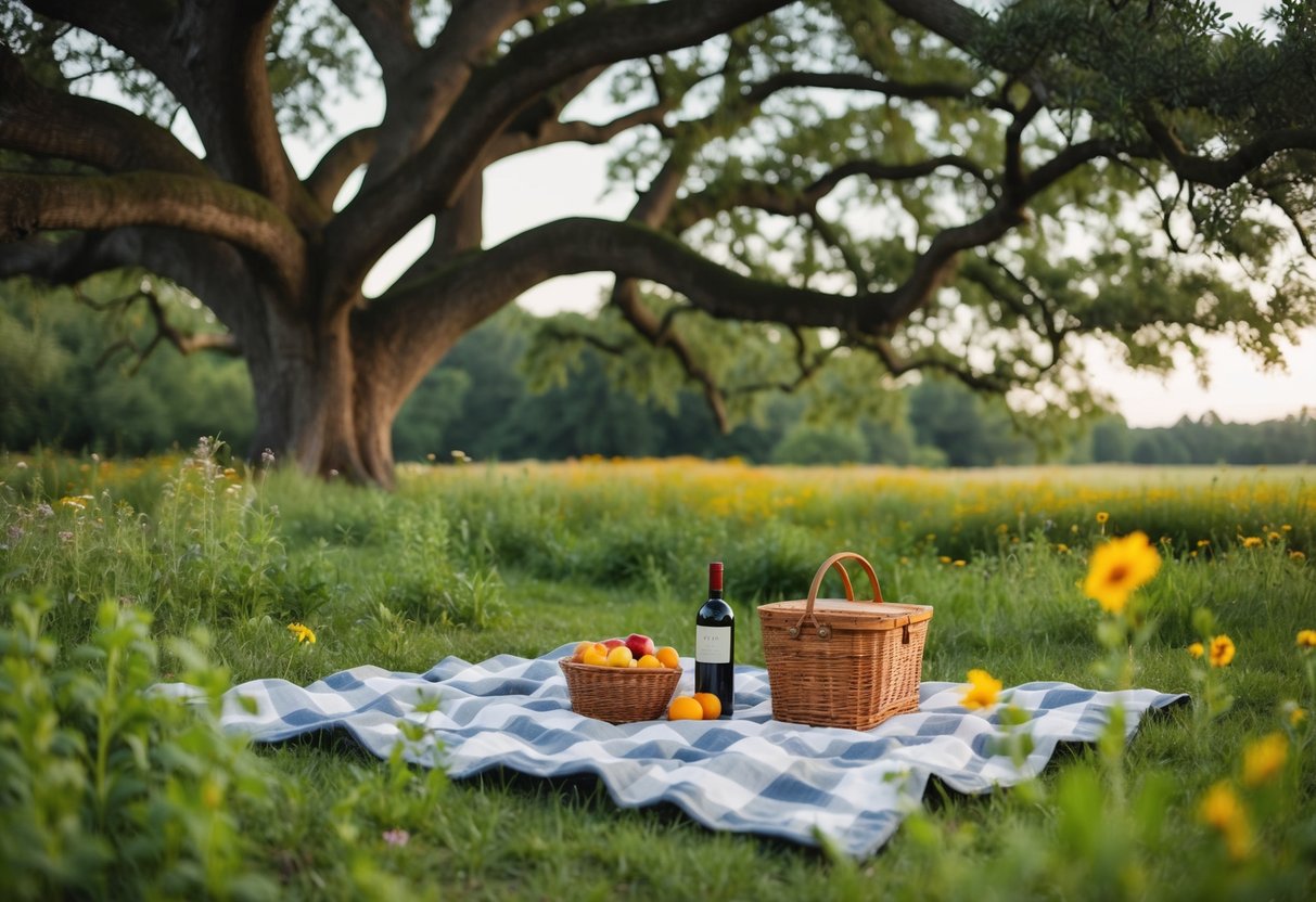 A cozy picnic blanket set up under a sprawling tree, surrounded by lush greenery and wildflowers, with a basket of fresh fruits and a bottle of wine