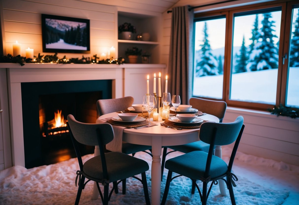 A cozy dining table set for two in a snow-covered cabin, with a warm fireplace and soft candlelight creating a romantic ambiance