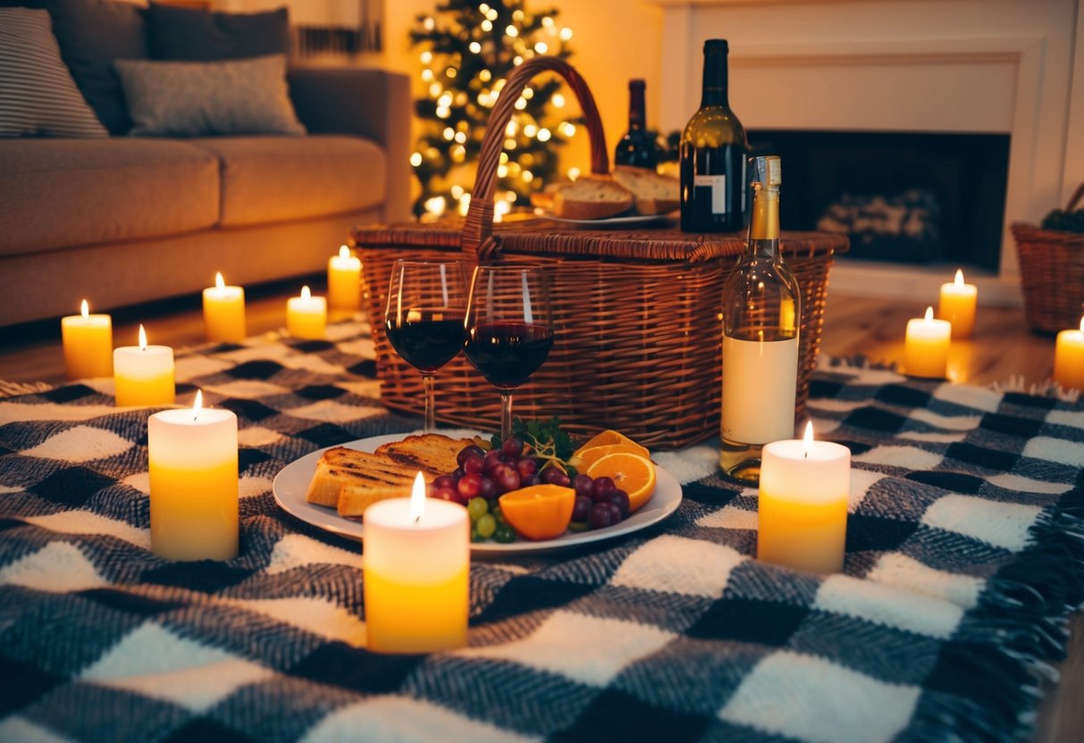 A cozy indoor picnic with a blanket spread on the floor, surrounded by lit candles and a basket of delicious food and wine