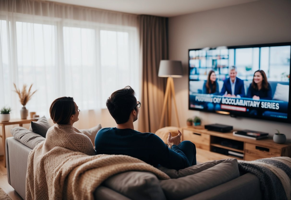 A cozy living room with a couple watching a documentary series on a large screen, surrounded by blankets and pillows