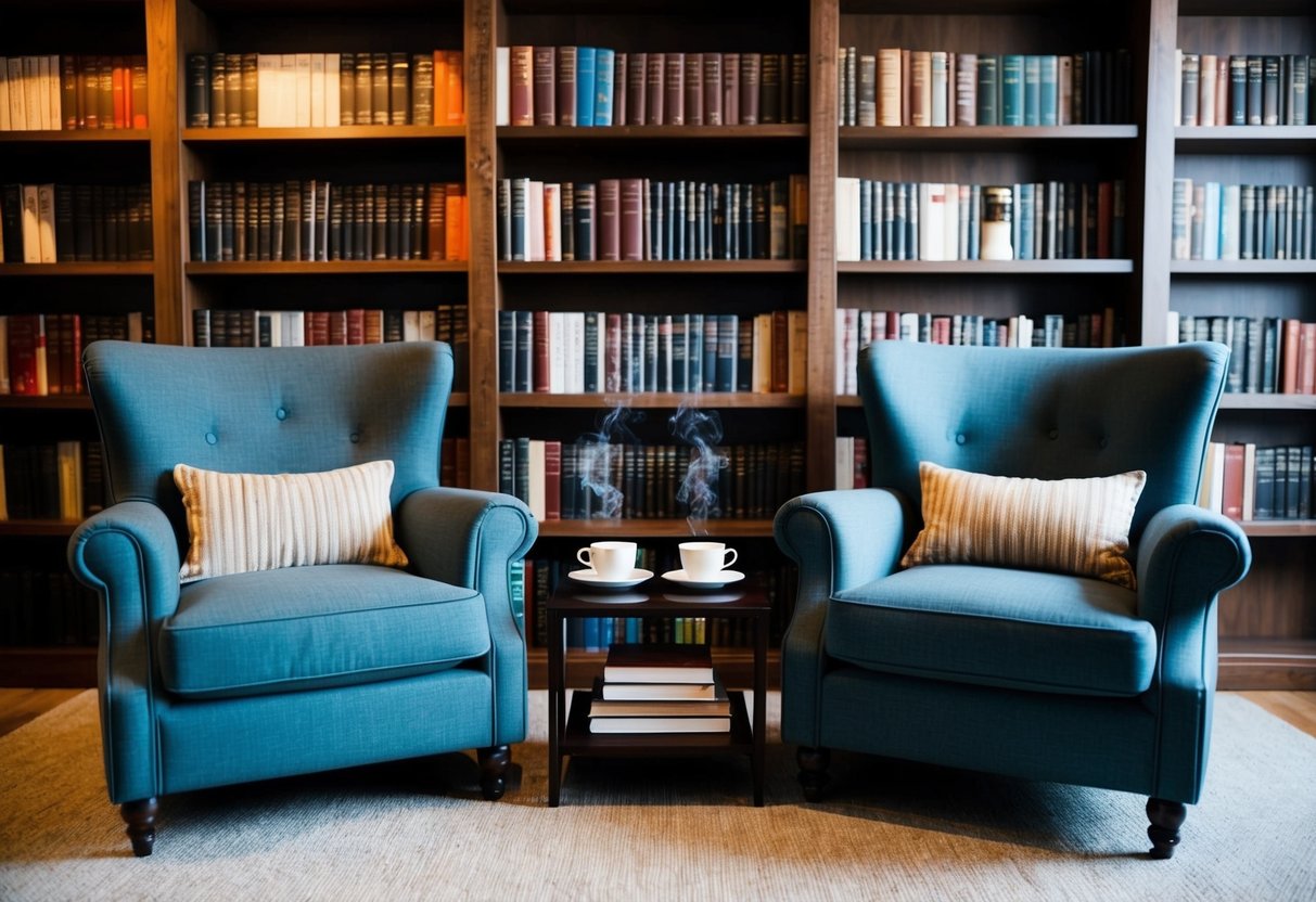 Two cozy armchairs face each other, surrounded by bookshelves filled with novels. A small table holds two steaming cups of tea and a stack of books