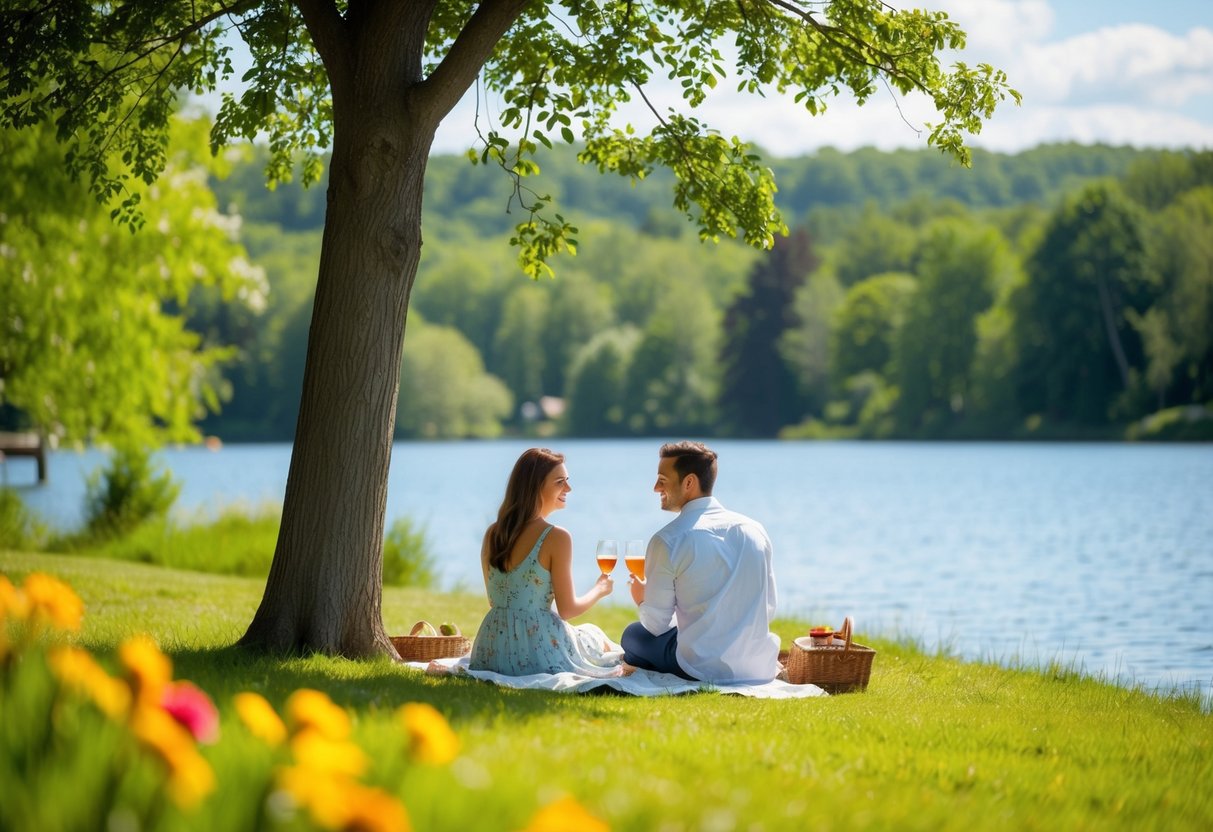 A couple picnicking under a tree by a serene lake, surrounded by lush greenery and colorful flowers