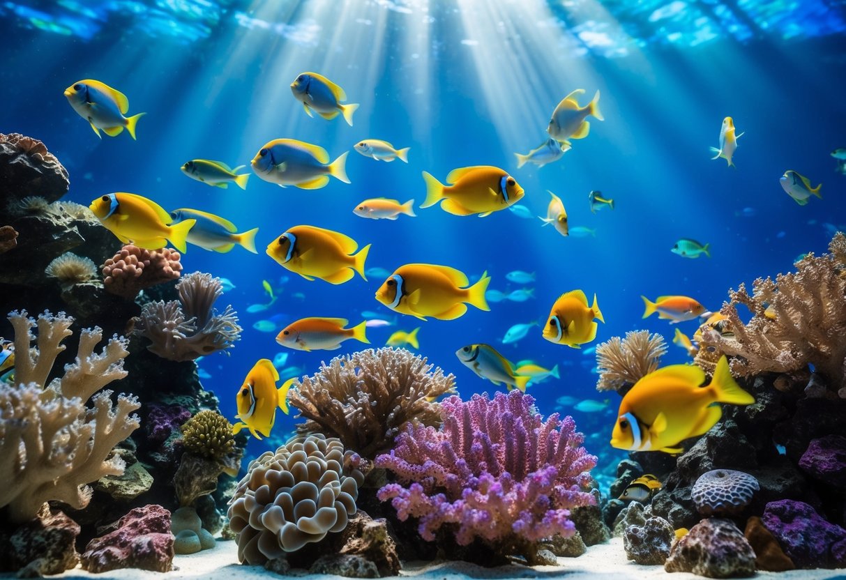Colorful fish swim among vibrant coral in a bustling aquarium. Rays of sunlight pierce the water, creating a mesmerizing display of marine life